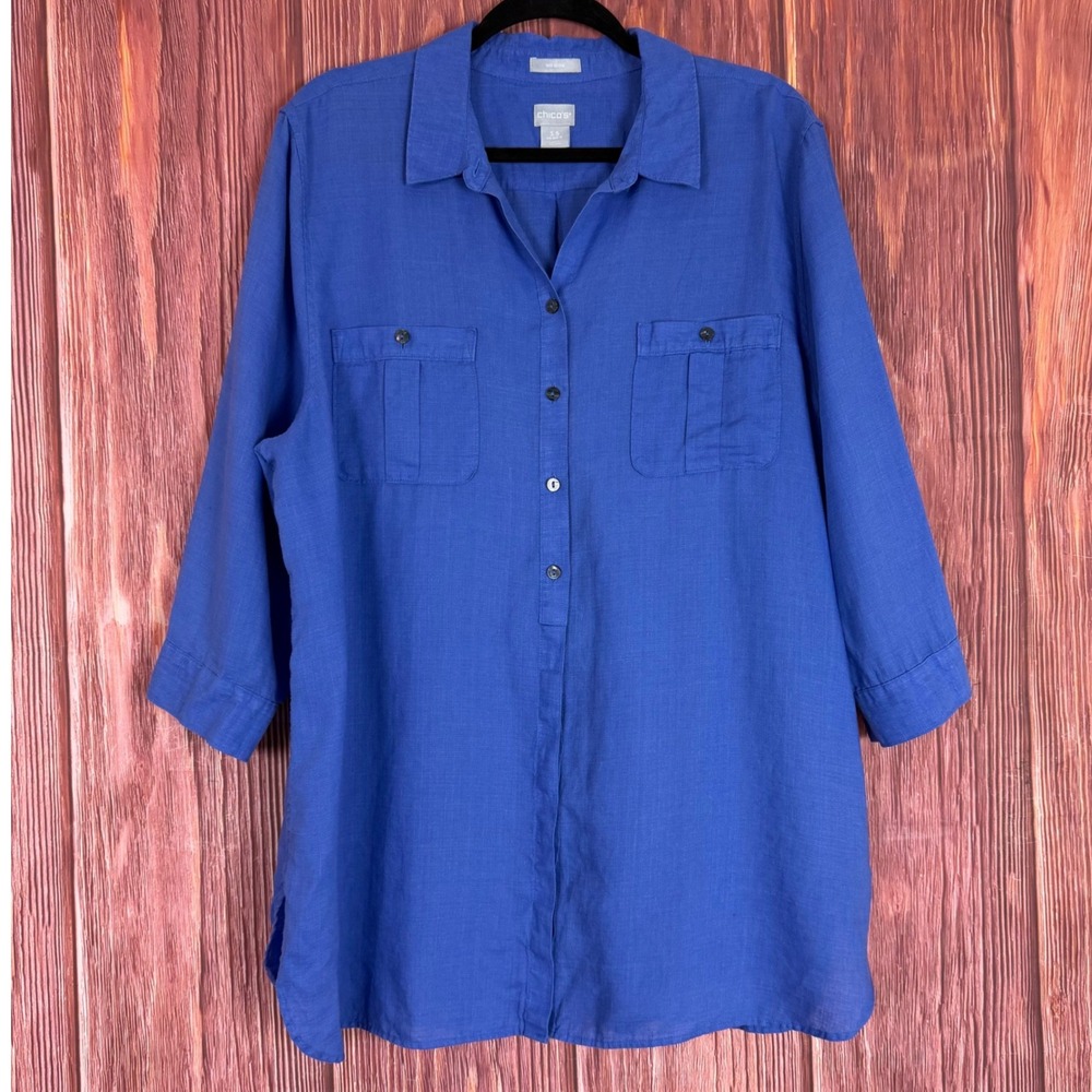 Chico's No Iron 100% Linen Tunic Shirt Royal Blue 3/4 Sleeve Womens Sz 3.5 / 18